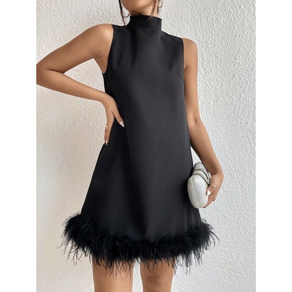 Chic Stand Neck Fuzzy Trim Dress Black - Picture 4 of 6